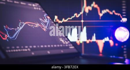 Financial Trading Dashboard: Tablet and Monitor Displaying Stock Market Data and Candlestick Charts in Dark Neon Lighting Stock Photo