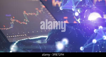Global digital investment network. Businessman analyzing financial market data on a laptop with abstract glowing plexus technology. Stock Photo