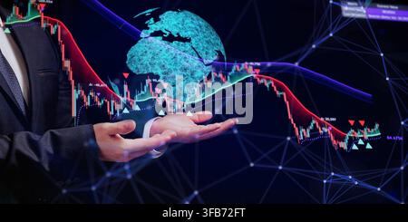 World Stock Market Volatility: Man in Suit Displaying Global Trading Graphs and Currency Exchange Trends Stock Photo