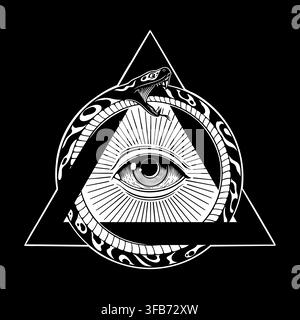 Gothic vector illustration of an ouroboros snake wrapped around a triangle with the all-seeing eye in black and white line art style. Stock Vector