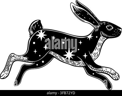 Vector line art illustration of a running hare silhouette filled with stars and celestial motifs in gothic bohemian style. Stock Vector