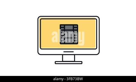 Desktop computer monitor with video film strip symbol on screen vector icon. Black line art with offset fill style on white background. Stock Vector