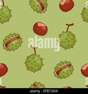 Seamless Pattern with Chestnuts and Spiky Husks. Tree Fruits Whole, Open And Peeled Nuts on Green Background. Hand Drawn. Autumn Harvest. Vector Stock Vector
