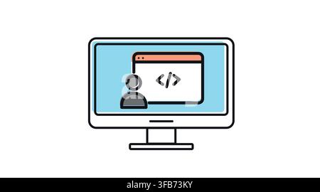 Desktop computer monitor with web development code symbol on screen vector icon. Black line art with offset fill style on white background. Stock Vector