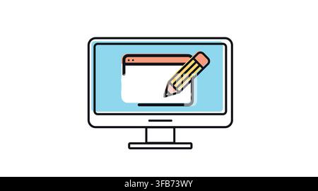 Desktop computer monitor with pencil and website browser symbol on screen vector icon. Black line art with offset fill style on white background. Stock Vector