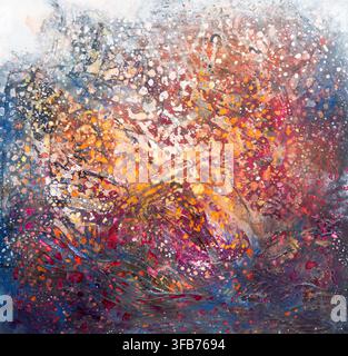 Colourful abstract acrylic painting on canvas with orange, crimson and deep blue paint splatters, dripped dots and textured brush strokes filling the Stock Photo