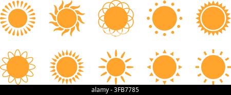 Yellow flat sun with rays icons in various design. Sun silhouette icons. Graphic weather signs. Symbol of heat, warm and climate. Vector illustrations Stock Vector