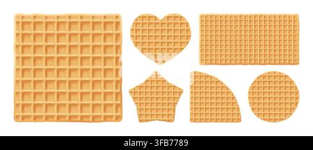 Wafer square creamy biscuit and star cake, sweet crispy rectangle waffel. Waffle texture and ice-cream cone cookie, 3d vector pattern. Round belgian Stock Vector