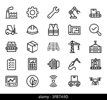 Industrial manufacturing factory automation production line icon set vector Stock Vector