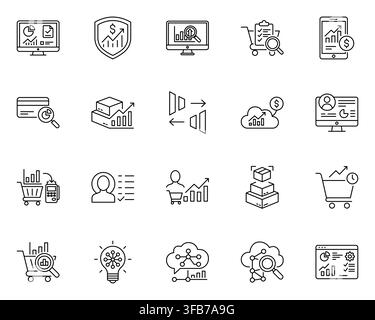Ecommerce analytics business data shopping growth line icon set Stock Vector