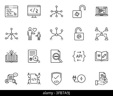 Open source software programming coding network line icon set Stock Vector