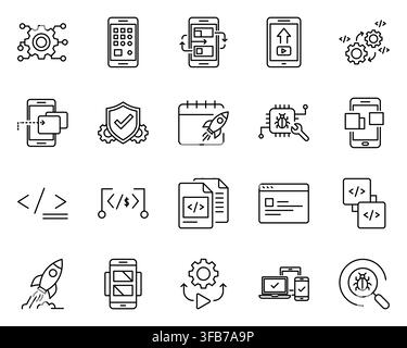 Mobile app development coding technology line icon set vector Stock Vector