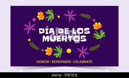 Dia de los Muertos Mexican poster flyer featuring colorful calavera skull cempasuchil flower, Catrina, festive ornament and traditional cultural symbol vector illustration. Stock Vector