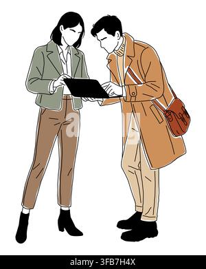 Two people collaborate closely over tablet device Stock Vector