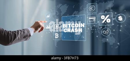 Bitcoin crash market analysis for cryptocurrency traders and investors with financial charts and security icons Stock Photo