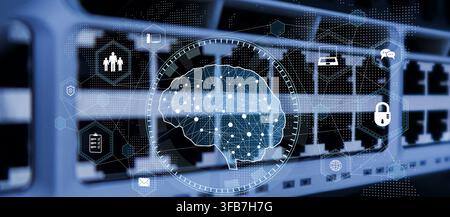 Artificial intelligence system for data analysis and cybersecurity with network icons and digital brain visualization Stock Photo