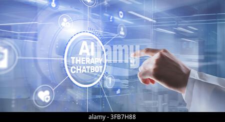 AI artificial intelligence therapy chatbot for healthcare use in mental health support with interactive interface and human hand Stock Photo