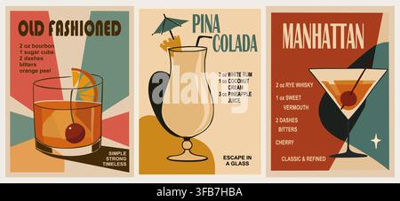 Set of vintage cocktails grace retro posters. Stock Vector