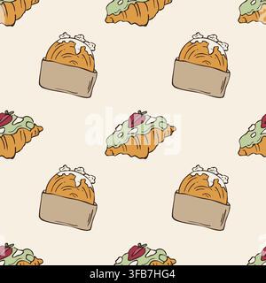 Hand drawn gourmet croissant and cromboloni seamless pattern vector doodle illustration Stock Vector