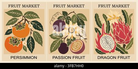 Fruit market scene features three vibrant types Stock Vector