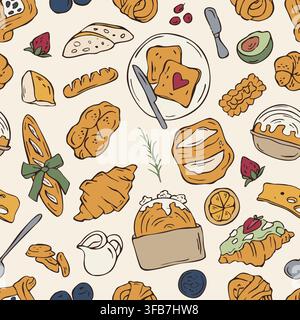 Hand drawn bakery and breakfast seamless pattern vector doodle illustration Stock Vector