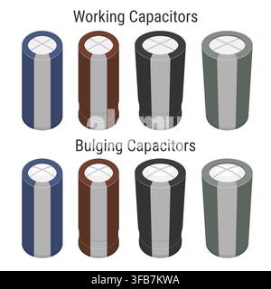 Working vs Bulging Electrolytic Capacitors Comparison Set Stock Vector