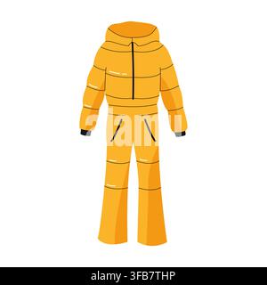 Yellow winter ski jumpsuit with hood and zipper for outdoor cold weather sports flat Stock Vector