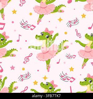 Seamless pattern featuring a cute ballerina crocodile. A musical background for children in a princess style: an alligator in a pink tutu, musical Stock Vector