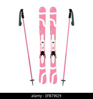 Pink downhill skis with bindings and ski poles pair for winter mountain sports flat Stock Vector