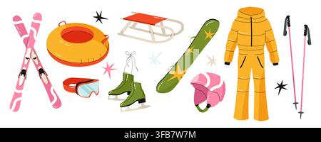 Winter sports equipment set with skis, snowboard, sled, ice skates, ski suit, helmet and goggles flat Stock Vector