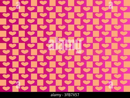 A repeating pattern featuring orange hearts on a pink, purple and orange checkered background. The hearts are evenly spaced Stock Vector