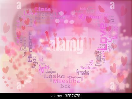 Word cloud pink Valentine's background. Bokeh like background in pink with pink and red hearts for Valentine's Day Stock Vector