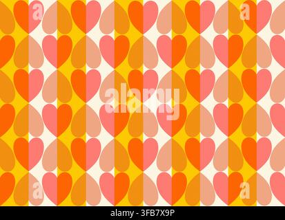 Colorful seamless abstract pattern featuring overlapping heart shapes, reminiscent of 1970s design. Hearts are arranged in a repeating pattern Stock Vector