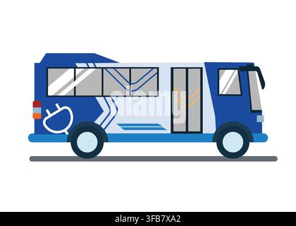 Flat vector illustration of a modern blue electric city transit bus featuring a plug icon for eco-friendly urban public transportation design projects Stock Vector
