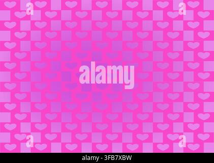 A repetitive pattern of pink hearts and squares on a purple background. The hearts and squares are uniformly arranged, creating a grid-like design. Stock Vector