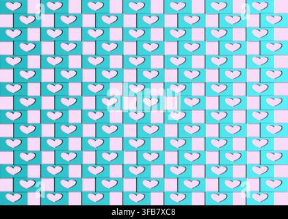 Pattern featuring a checkerboard design with alternating blue and pink squares. Each blue square is adorned with a pink heart shape Stock Vector