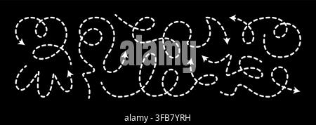 Dashed arrow squiggly vector line set. Curved shape doodle brush element. Complex plan, map path pattern. 3d up down direction scribble dynamic curly Stock Vector