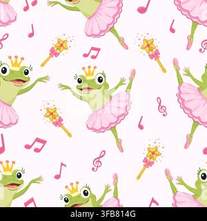 Cute seamless pattern featuring a ballerina frog. Background with a princess frog wearing a pink tutu, a golden crown, a magic wand, and musical notes Stock Vector