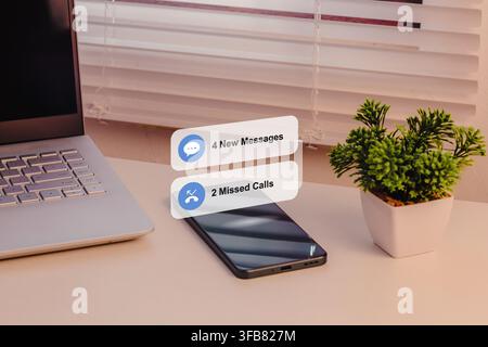 A smartphone on the desk with missed calls and new messages notification bubbles Stock Photo