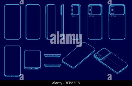 Blueprint wireframe set of phones with sleek modern designs, curved edges, and glossy finishes. Both front and back views display large screens and ca Stock Vector