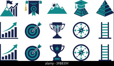 Achievement and success themed vector icon set showcases flat style design on a transparent background, depicting growth. Stock Vector