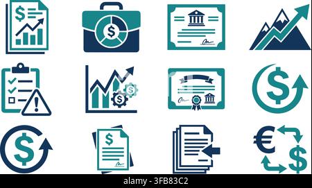 Business and investment analytic icons set including data charts certificate currency exchange process in teal color. Stock Vector