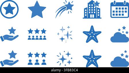 Blue star icons with sparkles, clouds, and buildings for celebration and design on transparent background. Stock Vector