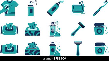 Bathroom and personal hygiene icons pack with teal and navy blue colors for design templates and infographics concepts. Stock Vector