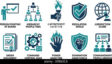 Authority icons showing organizational hierarchy with power control metaphors in dark teal and turquoise color palette. Stock Vector