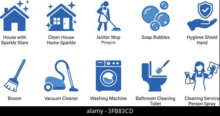 Blue cleaning service icons set showing house care tools and professional cleaners on transparent checkered background. Stock Vector