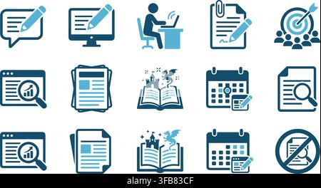 Blogging and copywriting vector icons set in blue shades for content creation, creative writing and editing designs. Stock Vector