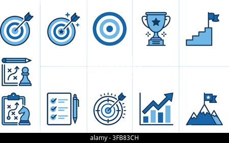 Achievement and strategy icons collection includes target arrows trophy cups checklist boards and progress growth charts. Stock Vector