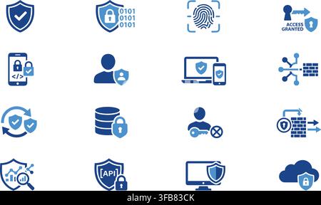 Advanced security iconography set with blue shield and biometric authentication symbols for secure network protection. Stock Vector