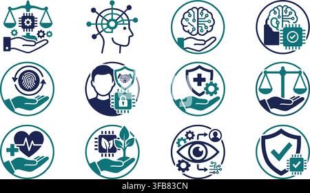 Artificial intelligence ethics icons with brain circuits and scales representing fair automated decision making systems. Stock Vector